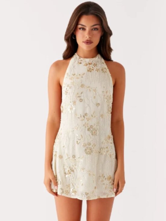 Peppermayo Dresses & Skirts - Peppermayo Leo Beaded Mini Dress Open Back Mini Dress in Cream/Gold size 8
